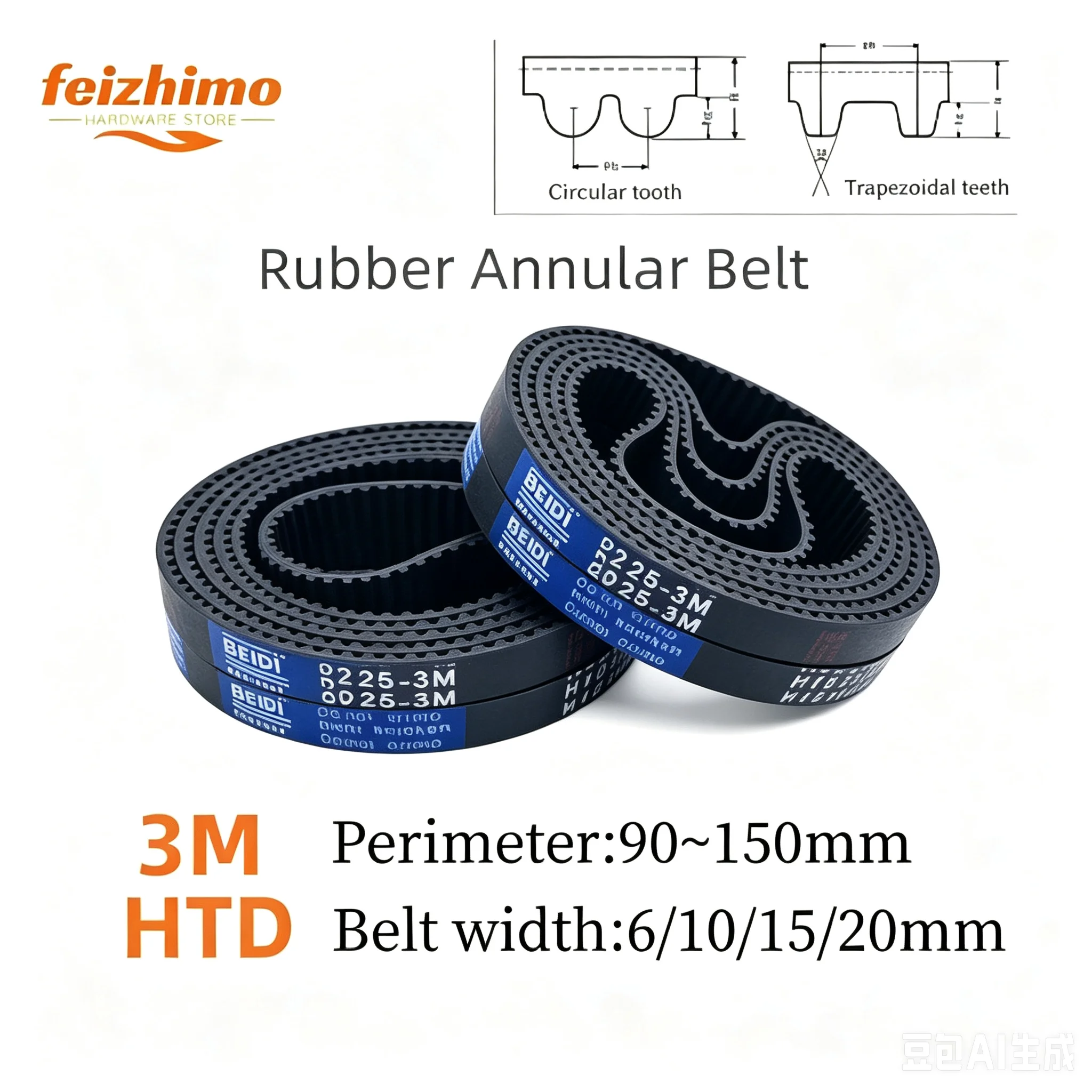 FM HTD3M black rubber synchronous belt, synchronous belt circumference 90mm~150mm, bandwidth 6/10/15/20mm, tooth 5-shaped M-belt