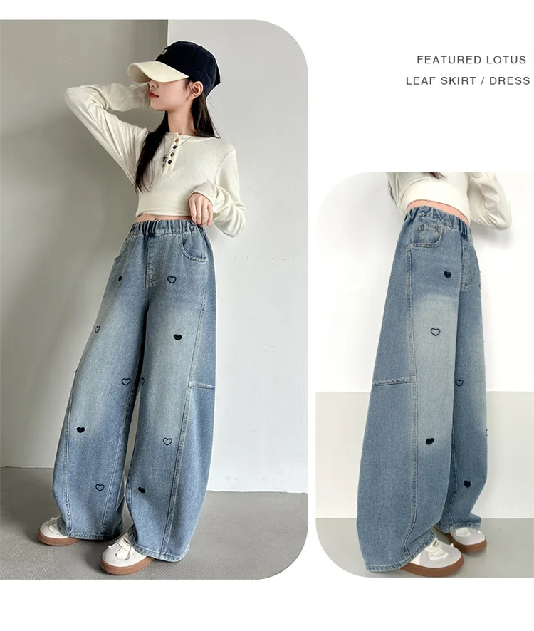 Stilvolle neue Frühlings-Kinder-Baggy-Jeans mit Herz-Stickerei für Teenager-Mädchen 5 6 8 10 11 12 13 14 Jahre Kinder Casual Denim-Hosen – Detail 3