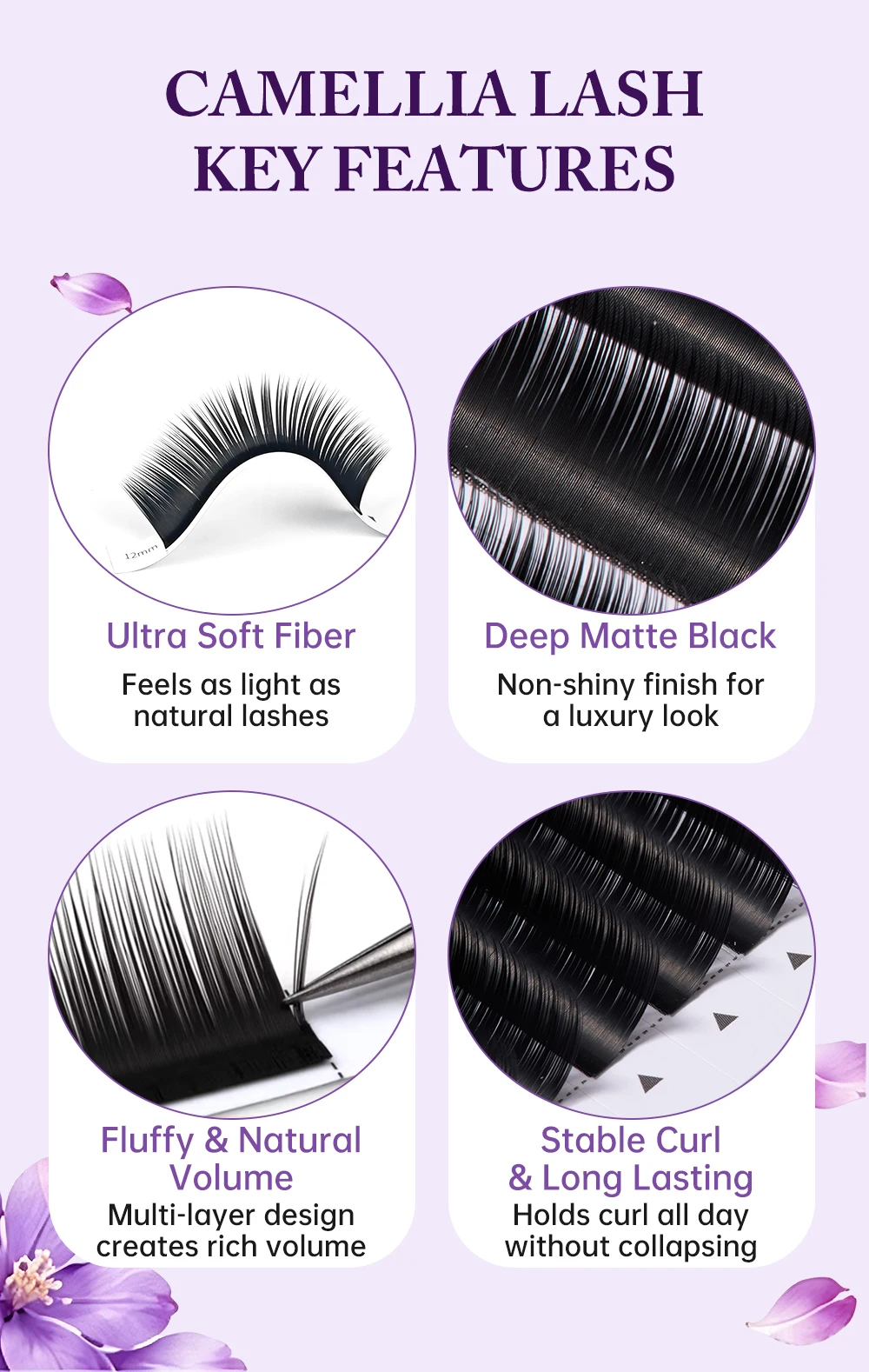 Yelix Camellia Volume Lashes Manhua Wimpernverlängerungen mit Kürzeren Wurzeln, UB UC LJ LB LC Curl, Weiche Natürliche Wimpern im Großhandel – Detail 2