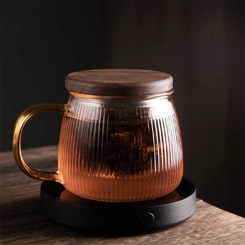 Japanese 400ml Stripe Heat Resistant Glass Tea Water Separation Tea Cup Kung Fu Tea Set Filter Tea Mug with Wooden Lid Drinkware