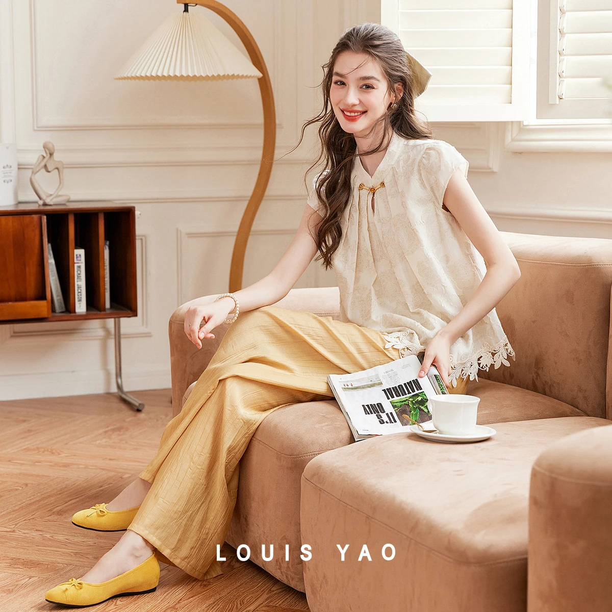 LOUIS YAO Linen-blend Women's Sets 2026 Chinese Style Jacquard Two-piece Set Frog Button Short Sleeve Top Straight-leg Pants