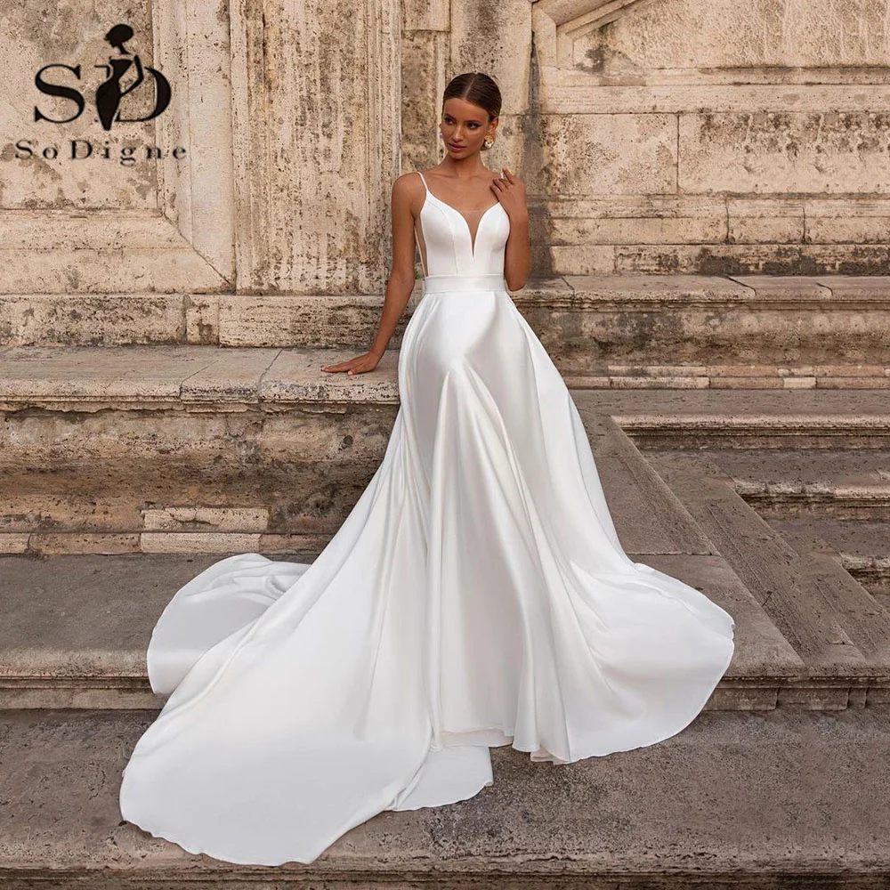 

SoDigne Simple Modern V-neck Wedding Dress Sexy Backless Princess Bride Dress Bridal Gowns Back bow Wedding Party Gowns