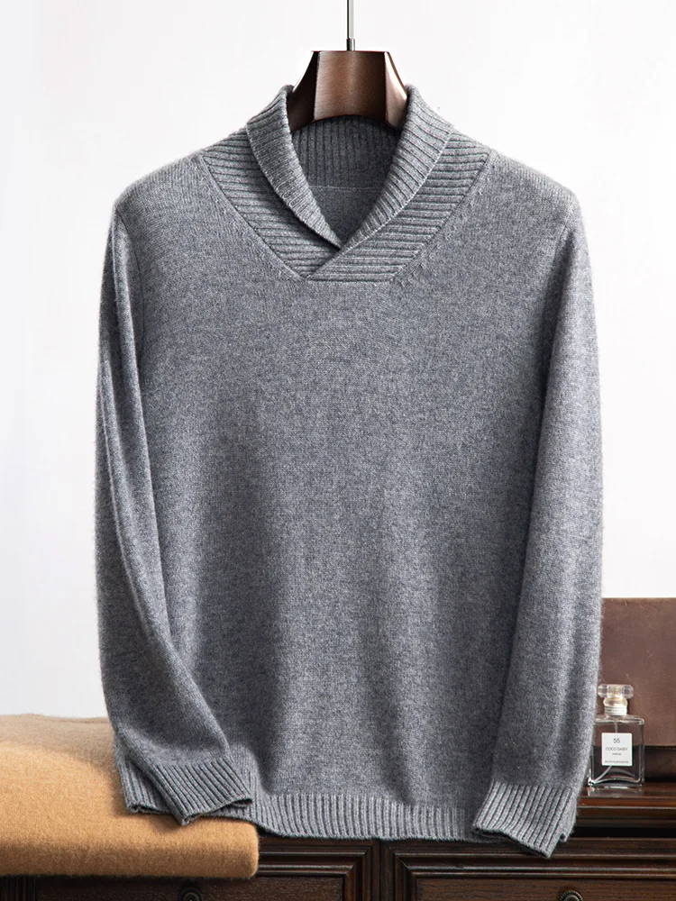 Suéter de cachemira con cuello de solapa para hombre, Jersey informal de manga larga gruesa, Tops de punto de alta calidad, otoño e invierno, 100%