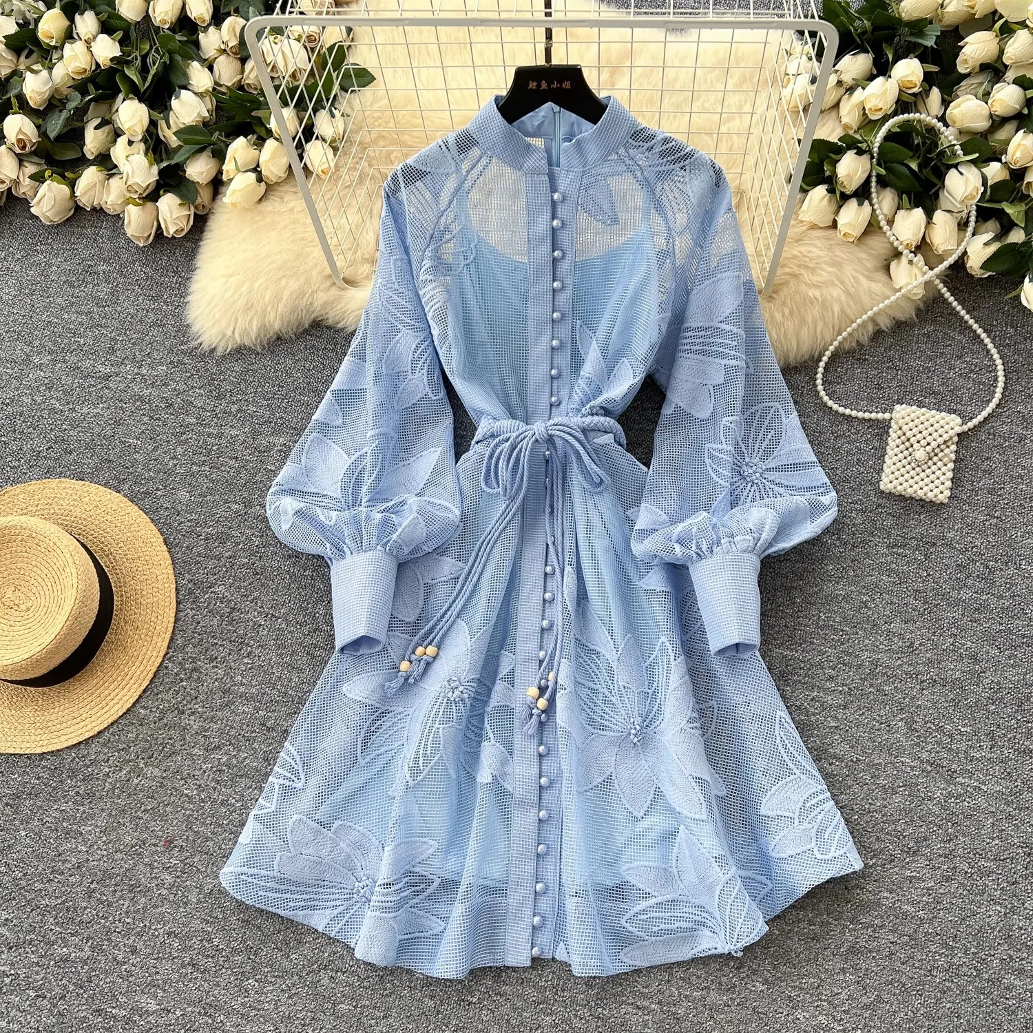 2025 French High-End Elegant Hollow Out Flower Crochet Lace Embroidery Dress Women Vintage Lantern Sleeve Sashes A Line Dress