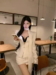 Korean Stripe Suit Coat Shorts Two-piece Set Women Ribbon Collarbone Single Button Slim Temperament Gentle Chic Fashion Wear New