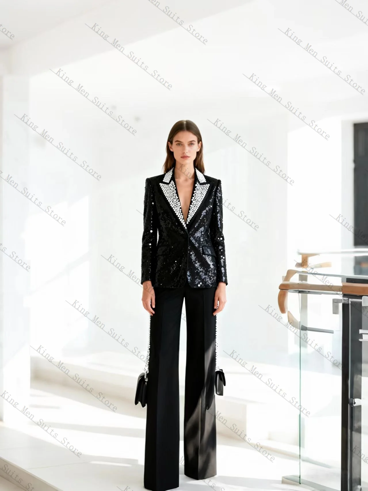 

Роскошный черный женский костюм, комплект из 2 предметов: пиджак + брюки, брюки с блестками и кристаллами, индивидуальные формальные свадебные смокинги для гостей, праздничное пальто, куртка