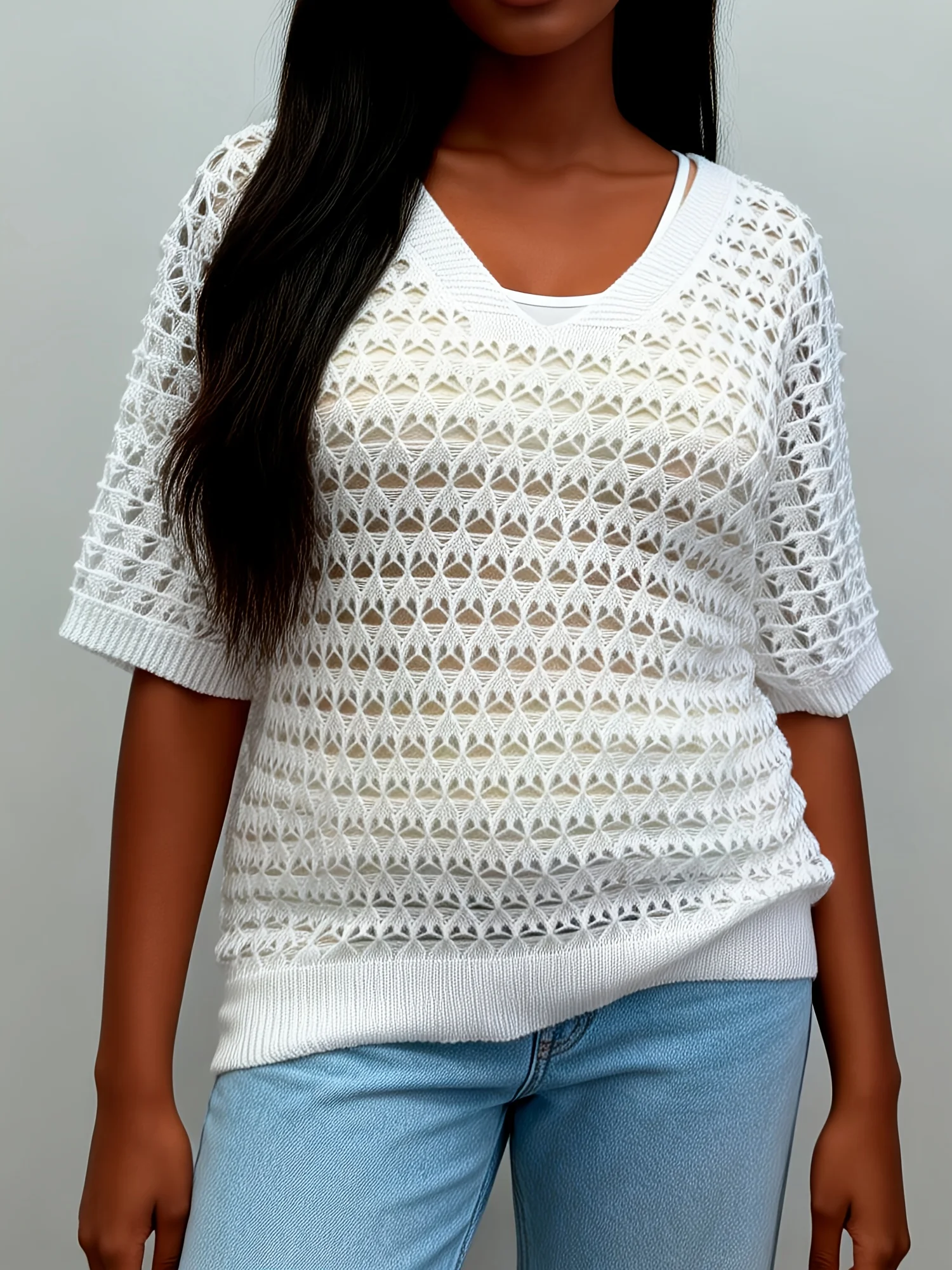 

Plus Size Women Casual Solid Hollow Out V-Neck Short Sleeve Knit Pullover, Spring Summer All-match Wear