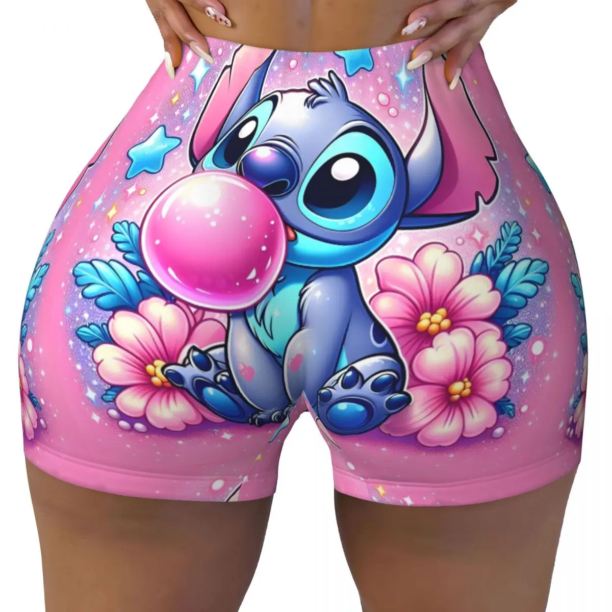 Stitch Blowing Bubbles Quick Dried Yoga Short Woman Lift Sports Fitness Workout Gym Leggings