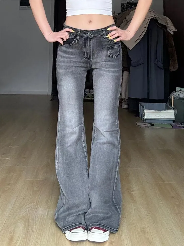 

Retro American Low Waist Bell Bottom Jeans Women's Slimming Skinny Dark Grey Black Spring Autumn Long Leggings