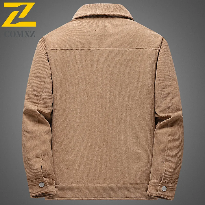 Autumn Winter Mens Warm Jacket New Solid Color Fashion Chest Zipper Trim Design Male Casual Business Lapel Top Man Corduroy Coat
