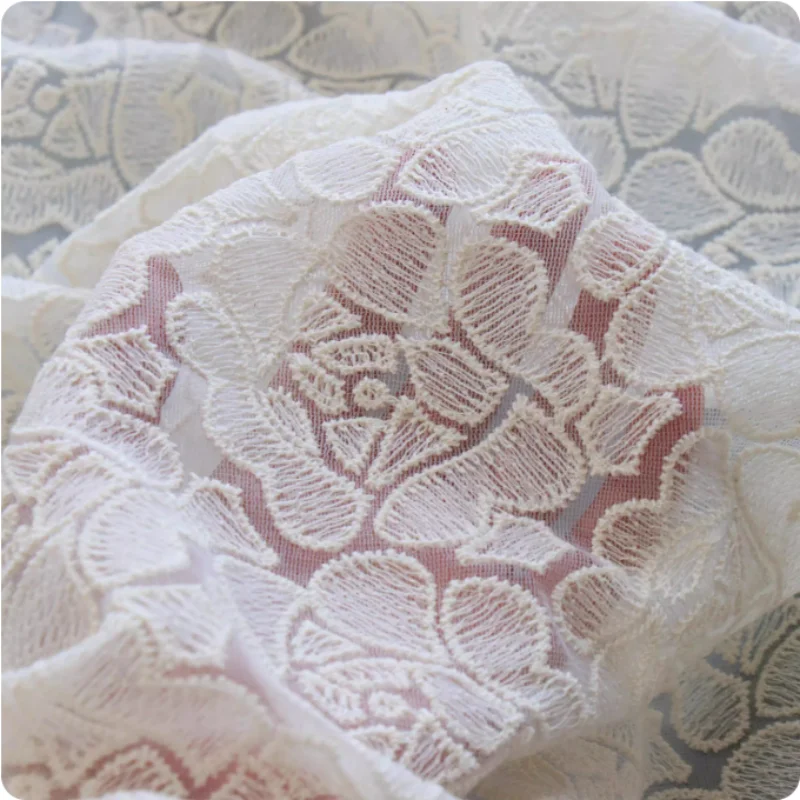 

Beige thread embroidery lace fabric for dress tablecloth decorative diy polyester cotton fabric