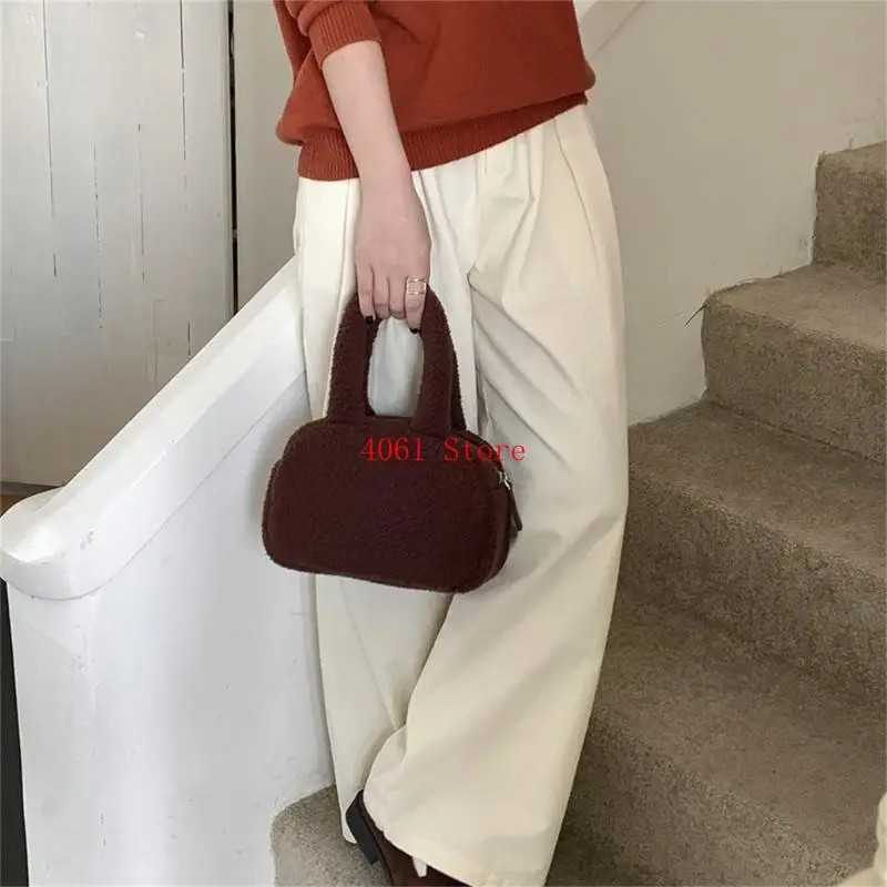 

Practical Fleece Top Handle Bag Retro Handbag with Zippered Easy Access Soft Winter Handbags for Women and Girls