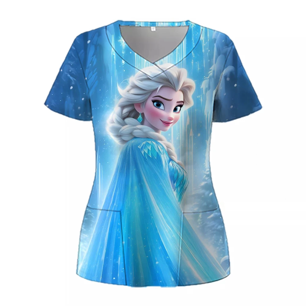 Disney Princess Frozen Elsa print Scrubs Top Women with Pockets V-Neck Scrub Uniforms Pet Grooming Nurse Spa Caring Shirt unifor