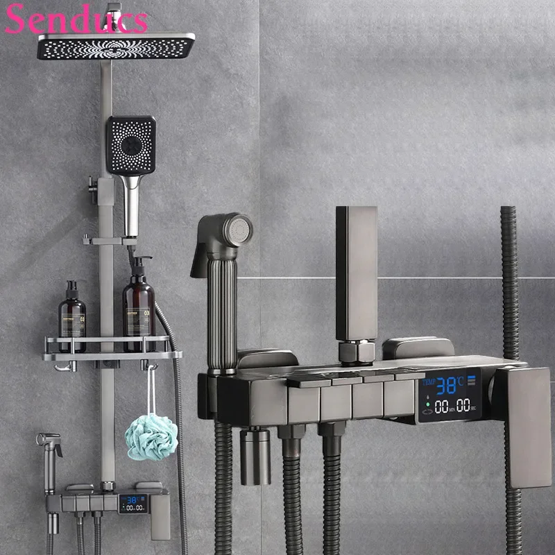 New Arrival Hot and Cold Bathroom Shower Faucet Mixer  Solid Brass Shower Faucets Digital Led Screen  Bathroom Shower Set