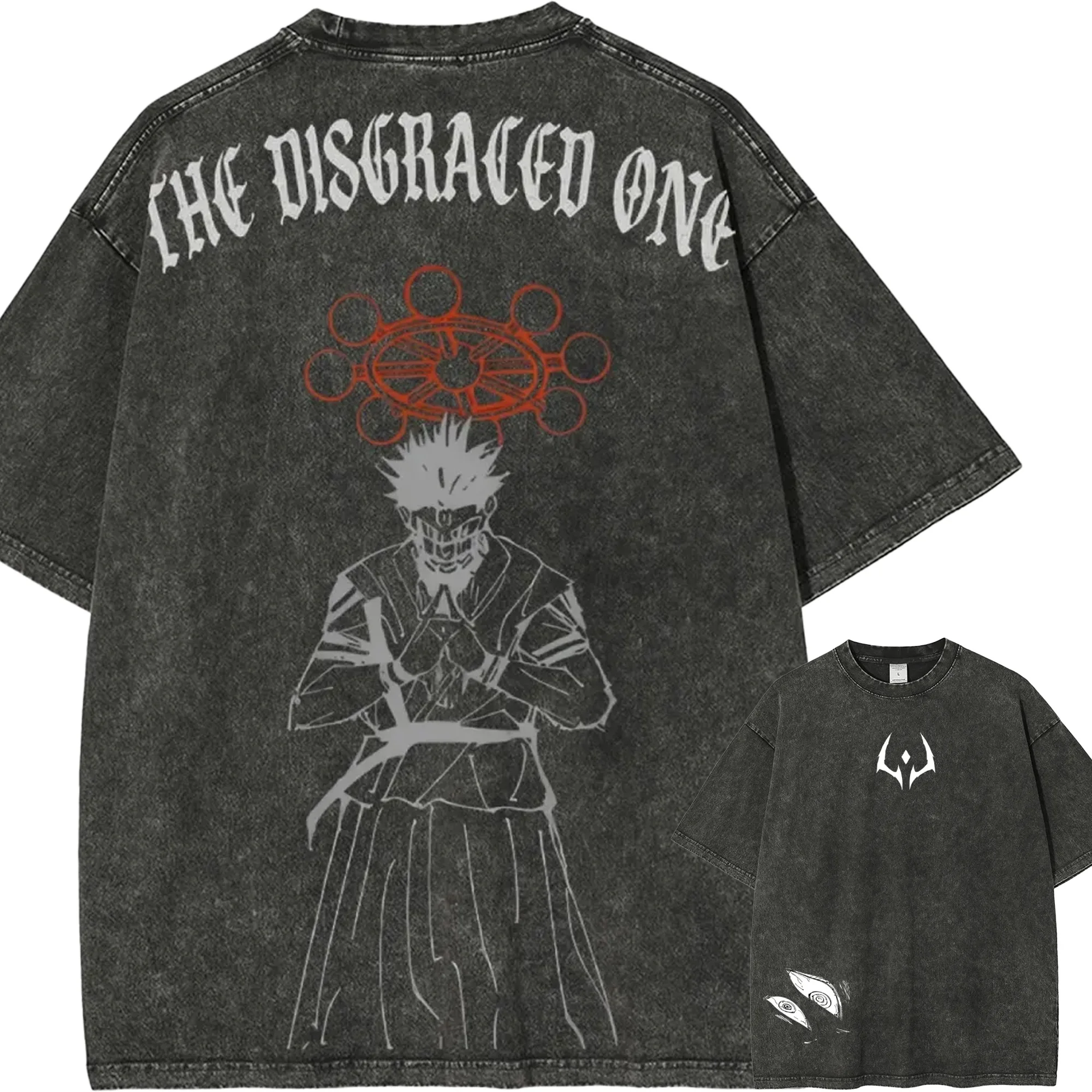 Vintage Washed Jujutsu Kaisen Ryomen Sukuna The Disgraced One Graphic Tee Unisex Oversized Anime Streetwear Short Sleeve T‑Shirt