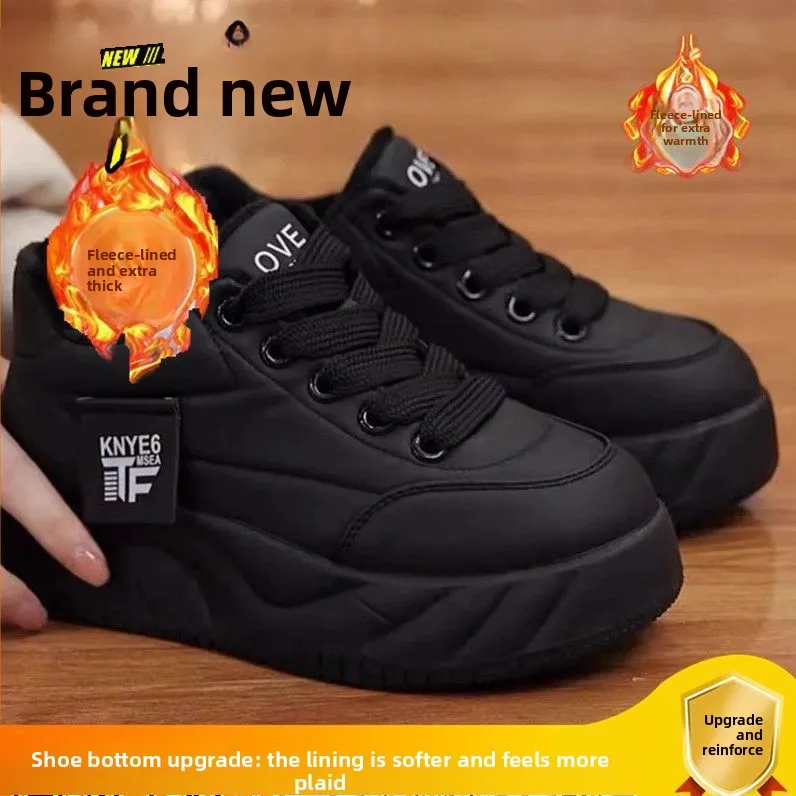 المرأة سميكة القاع صوف مبطن عارضة القطن الخبز أحذية شتاء دافئ أنيق الكورية نمط حذاء مسطح جولة تو قطع منخفضة #4