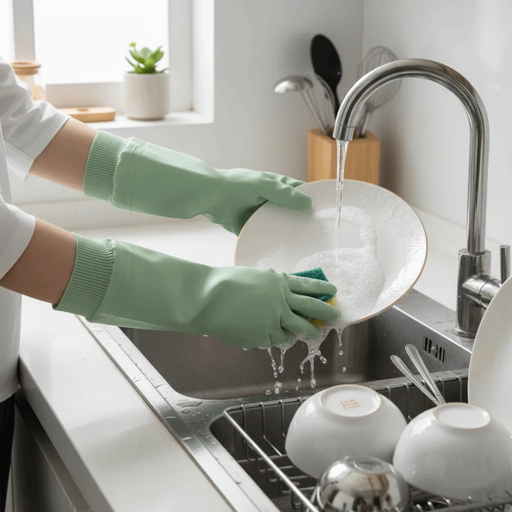 Waterproof Dishwashing Gloves Warm Fleece Thickened Cleaning Gloves Threaded Sleeve Cuff Tear-resistant Housekeeping Gloves