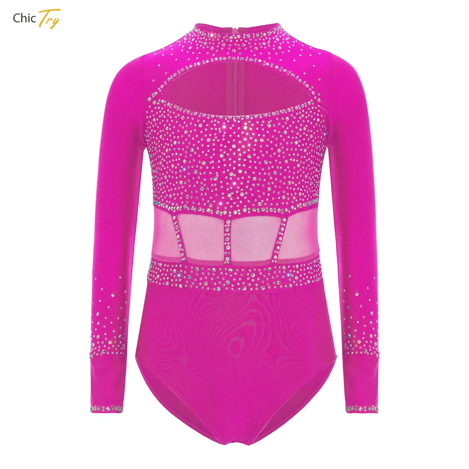 

Kids Girls Ballet Gymnastics Leotard Dance Performance Costume Sports Workout Yoga Fitness Bodysuit Sheer Mesh Inserts Design