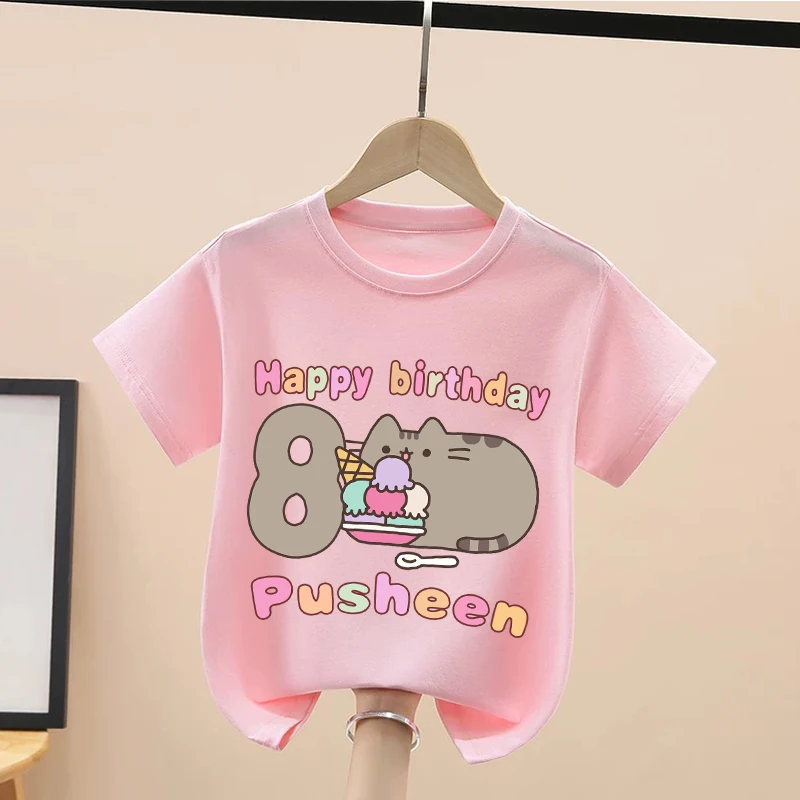 Pusheens Girls Birthday T-shirt New Kawaii Cat Cotton Tees Children Summer Clothes Kids Fashion Tops Short Sleeve Gift Hot Sales