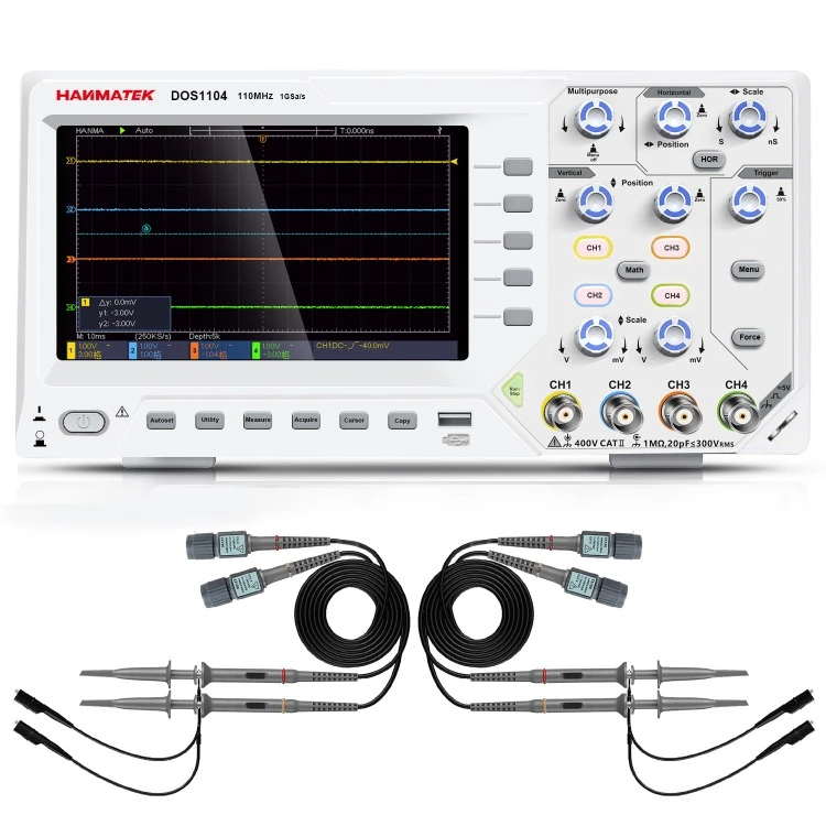 DOS1104 Digital Oscilloscope with 4 Channels and Screen 7 inch / 18 cm, TFT-LCD Display, Portable Professional Oscilloscope Kit