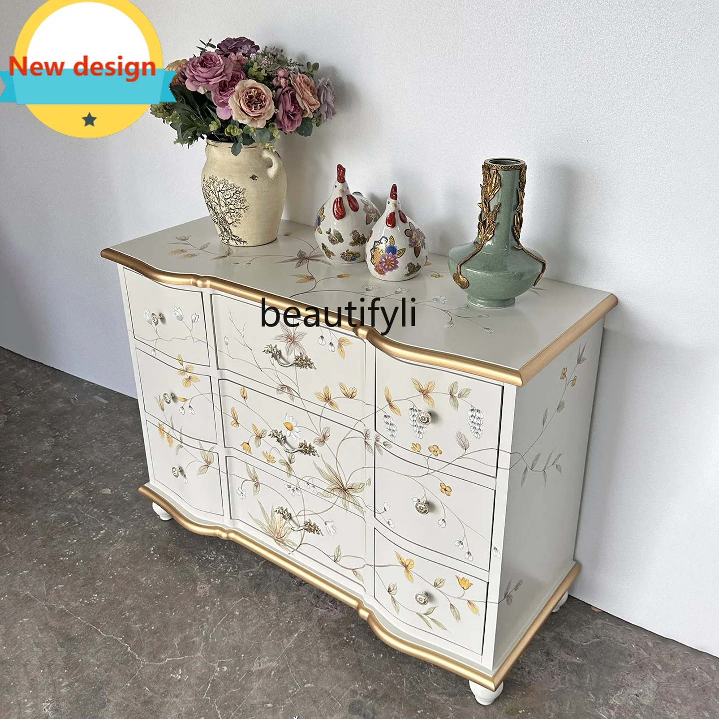 

yj57 French Style Living Room Entrance Cabinet American Style Painted Hallway Storage Cabinet Bedroom Light Luxury Drawer Cabine