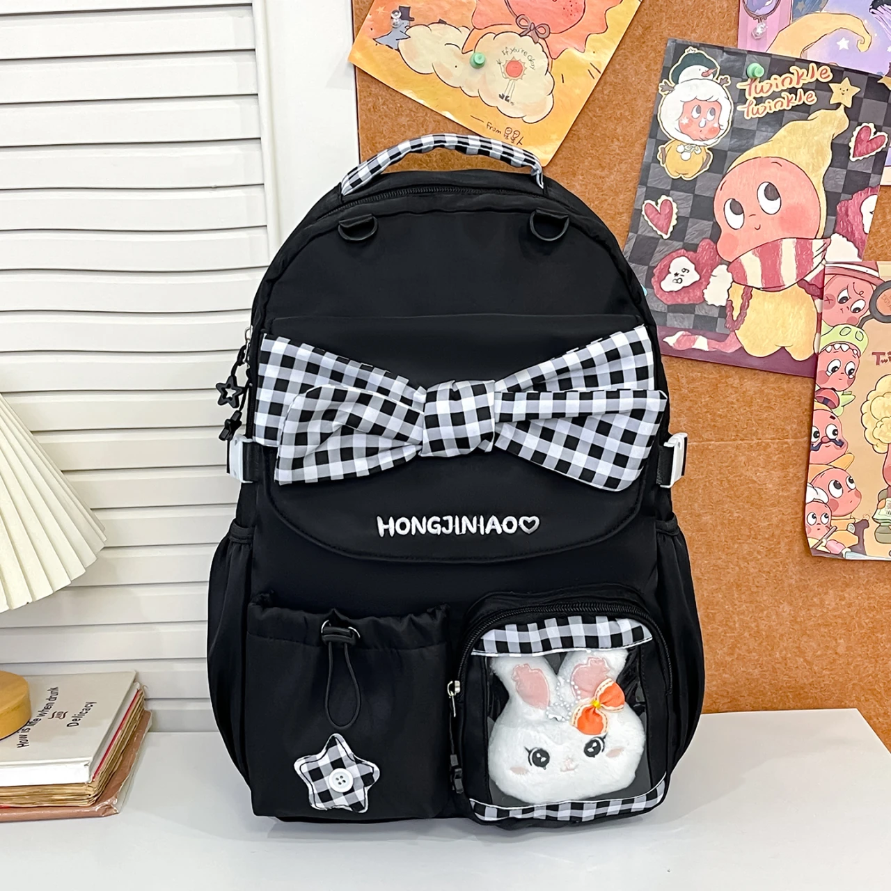 Cute Gingham Bow Girls Backpack With Rabbit Doll Pendant Large Capacity Nylon School Bag Sweet Aesthetic Daypack for Teen Girls