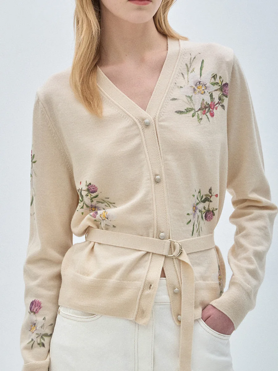 

Ele Faionable Commuting V-образный вырез с поясом и принтом Вязаный открытый кардиган Длинный све Женский комбинезон стандартного кроя с растительным цветочным узором ...