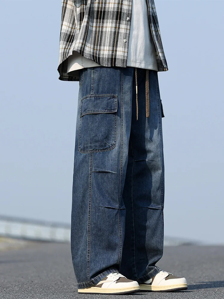 Men's Summer Cargo Jeans Flap Pockets Wide Leg Denim Pants Lightweight Washed Cotton Straight Baggy Jeans Trousers Big Size 8XL