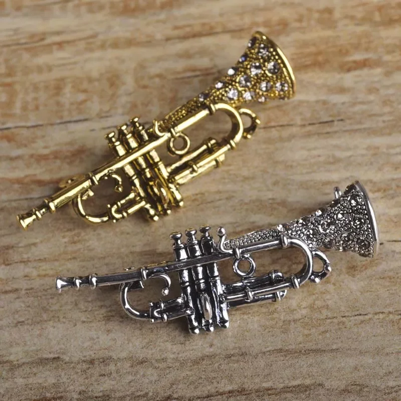 Blucome Vintage Saxophone Shape Brooches For Woman Musician Gift Crystal Antique Gold Color Musical Instrument Bro