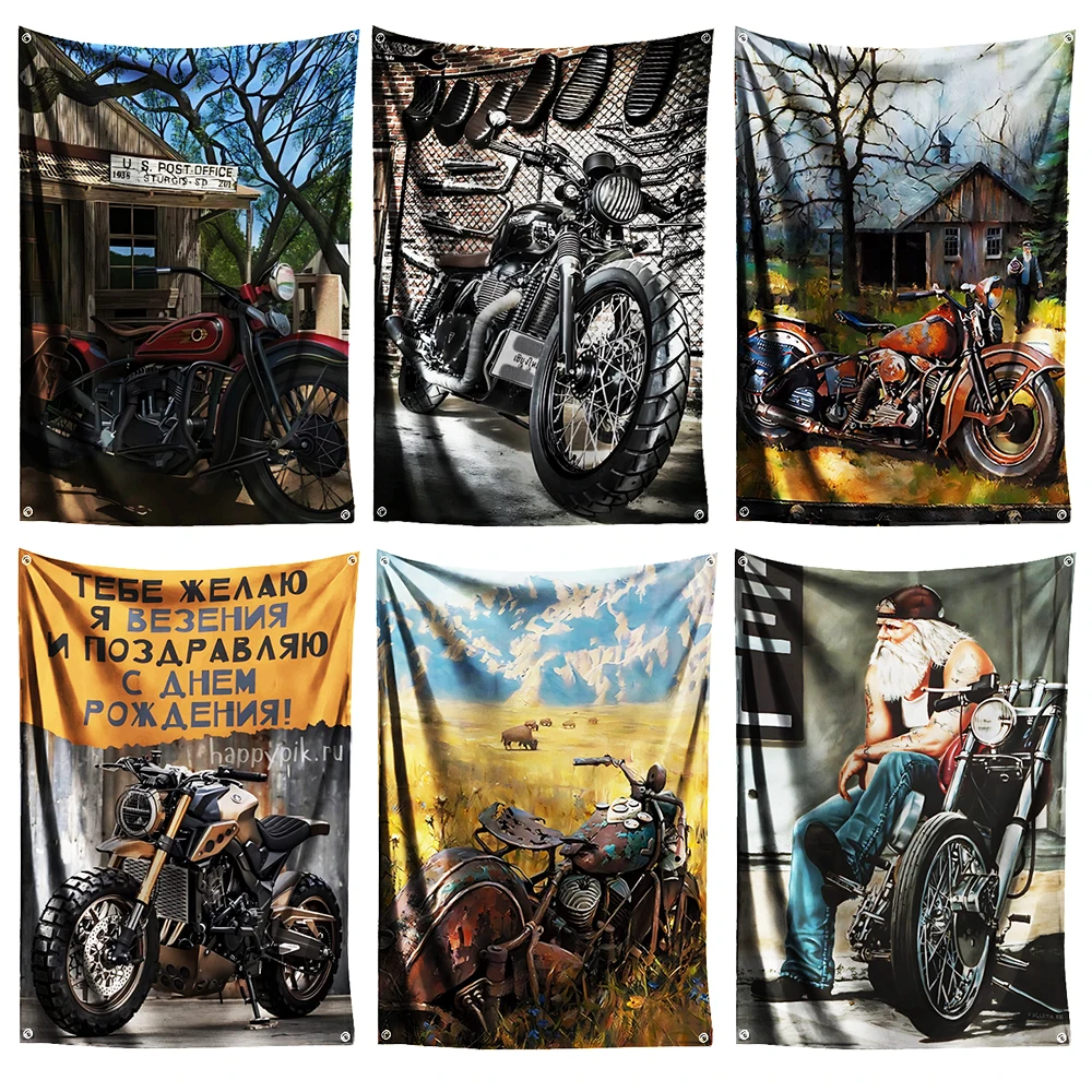 3x5 Ft Retro Motorcycle Cars Banner Flag Automobile Motor Vehicle Poster Wall Decor Advertisement Sign Pub Club Bar Decor Sign