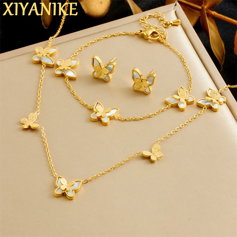 XIYANIKE 316L Stainless White Shell Inlay Double Butterfly Superposition Necklace Earring Bracelet Set Women Jewelry Suit Gifts