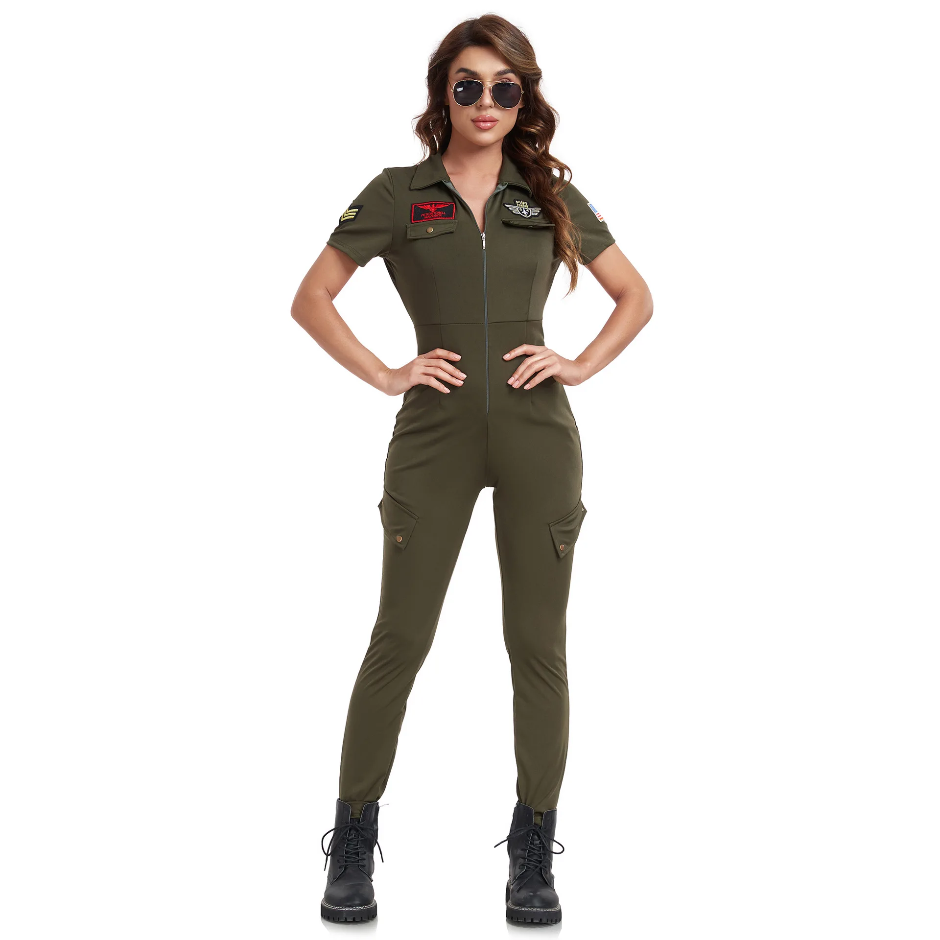 

Professional Pilot Cosplay Sexy army green jumpsuit Costume Halloween Carnival Party for Adult Woman