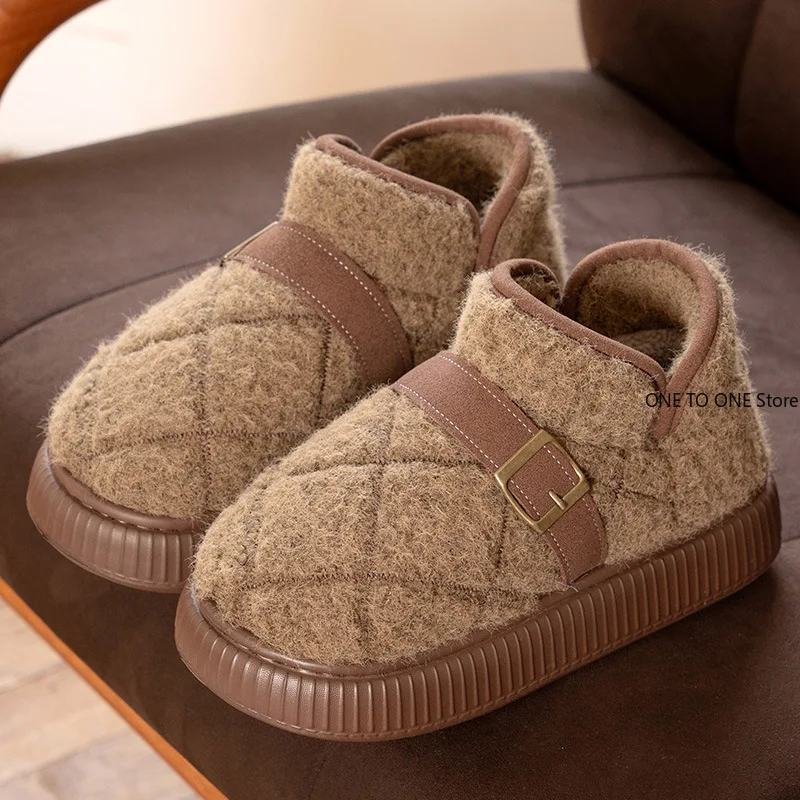 

New Thick Sole Heightening Light Plaid All-wrap Heel Cotton Shoes for Women Winter Fleece Warm and Commuter Cotton Shoes for Men