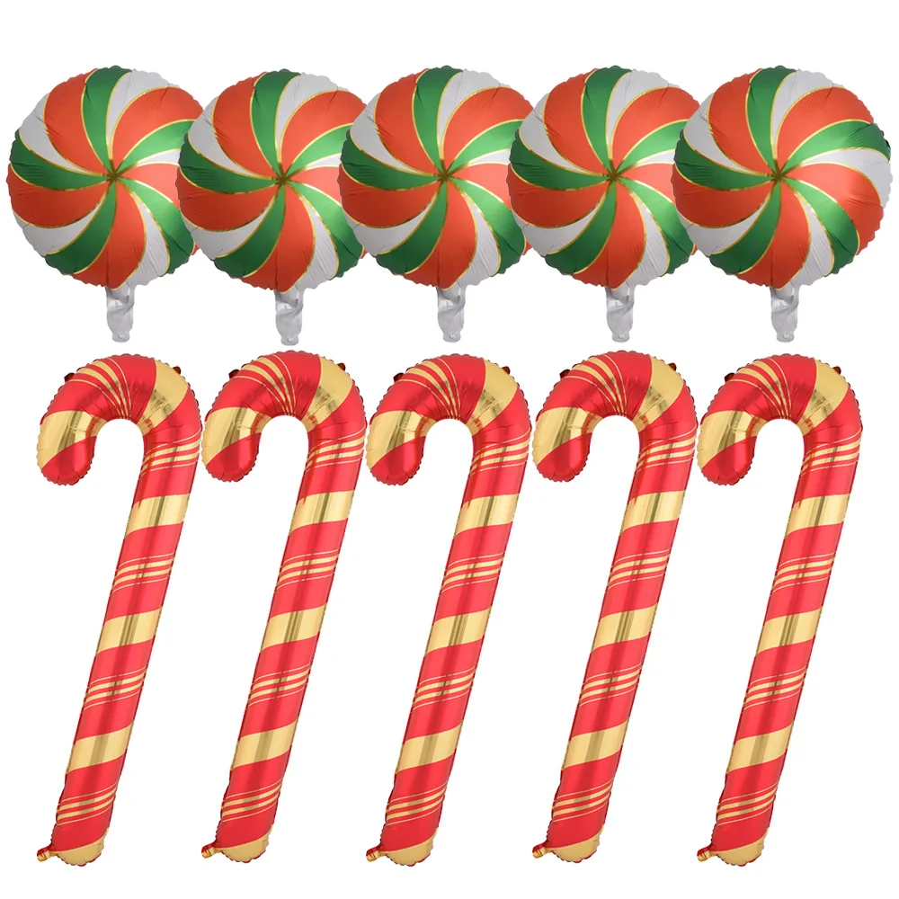 10-teiliges Weihnachts-Folienballon-Set, 5 kleine rote Zuckerstangenballons, 18-Zoll-rote und grüne Windradballons, geeignet für Weihnachtsfeiern, Weihnachtsfeiertagsdekorationsballons,