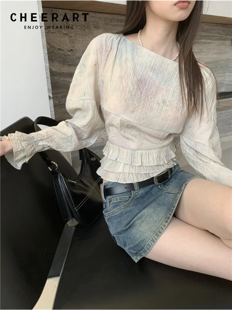 CHEERART Tie Dye Slash Neck Blouses For Women Fashion 2023 Lantern Sleeve Ruched Ruffles Designer Peplum Top Summer Spring