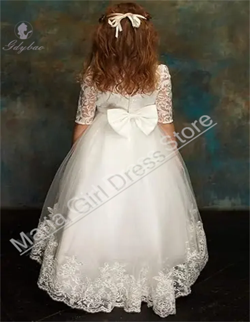 Ivory Lace Appliqué Flower Girl Dress With Fluffy Half-Sleeves Princess Design For Birthday Pageant Baptism Events