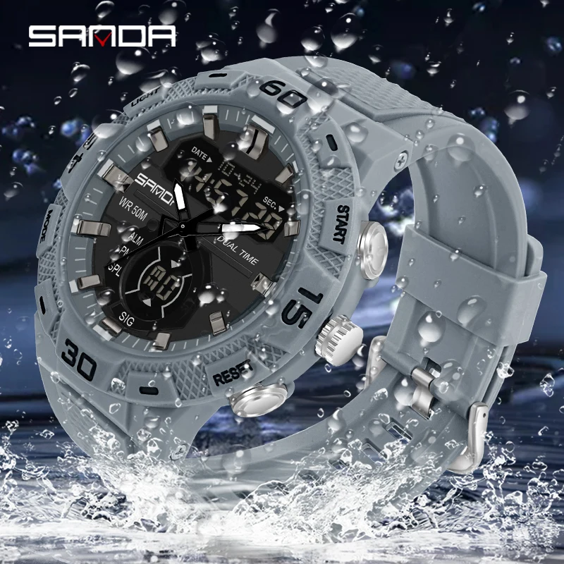 SANDA 3087 New Fashion Sport Watches Dual Display Digital Silicone Strap Quartz Watch For Men 50M Waterproof Military Wristwatch