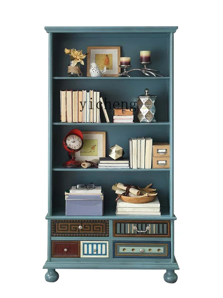 American Rural Solid Wood Bookcase Medieval European Retro Display Cabinet Method Mediterranean Painting Modern Study Storage