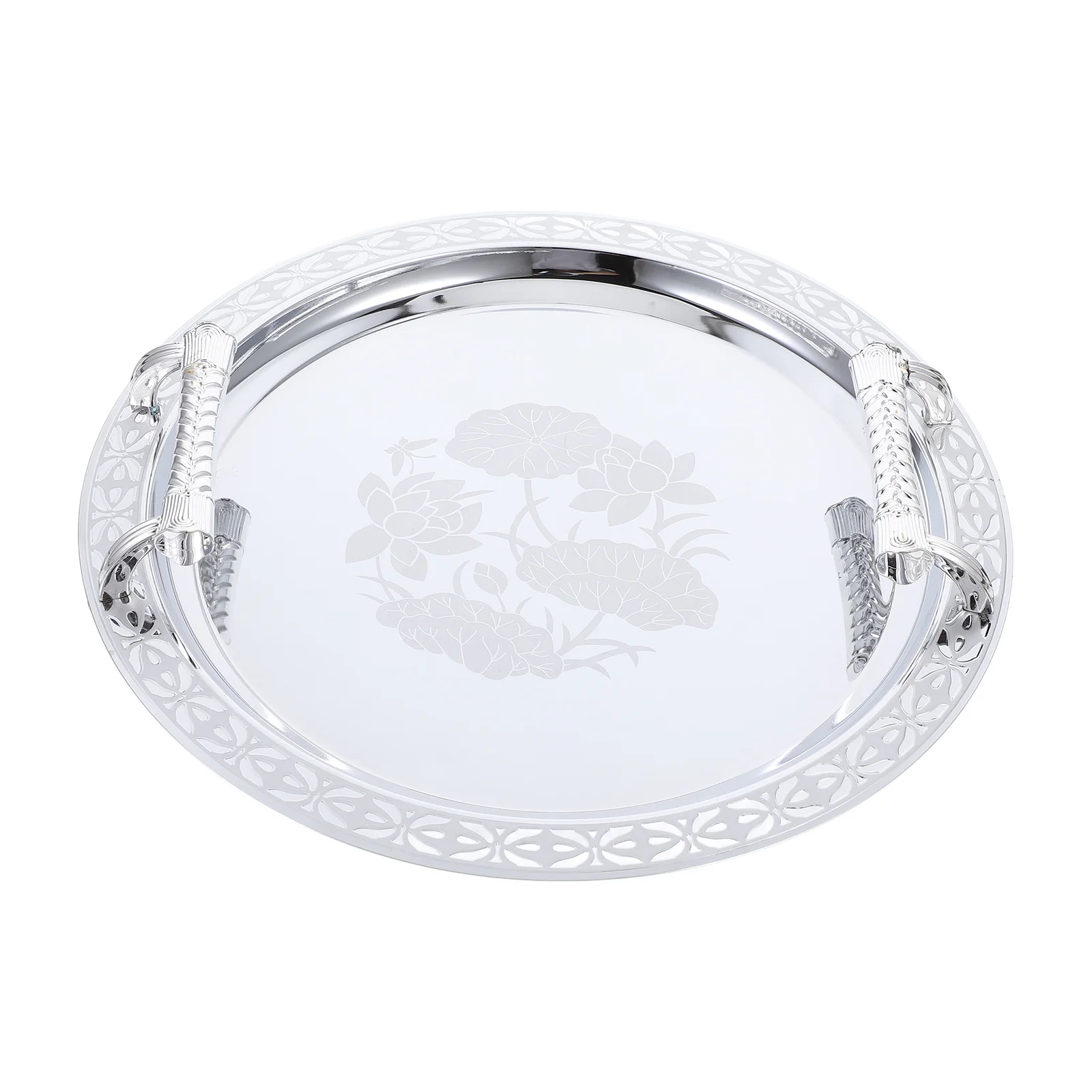 

Round Pattern Stainless Steel Snack Serving Tray Fruit Plate Storage Dish Candy Holder Decorative Trinket Jewelry Vanity
