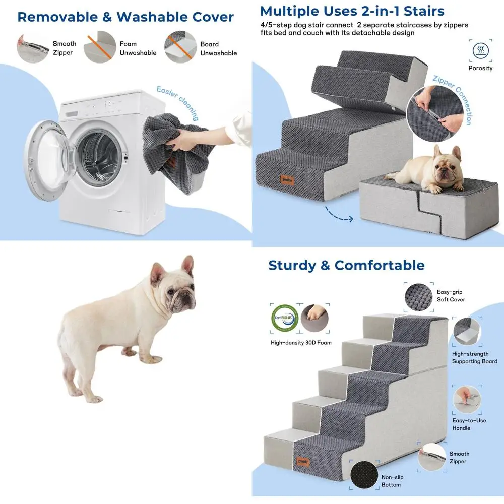 

Compact 2-in-1 Dog Stairs with Zippered Cover, Non-Slip Foam Steps for Small Dogs, Grey 5-Step Pet Ladder, Brown