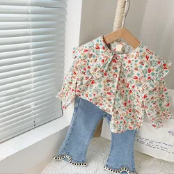 Autumn New Girls' Clothing Sets Cute Floral Lapel Shirt +Flared Jeans Fashion Kids Outfit Spring Children Clothes Girls Suit