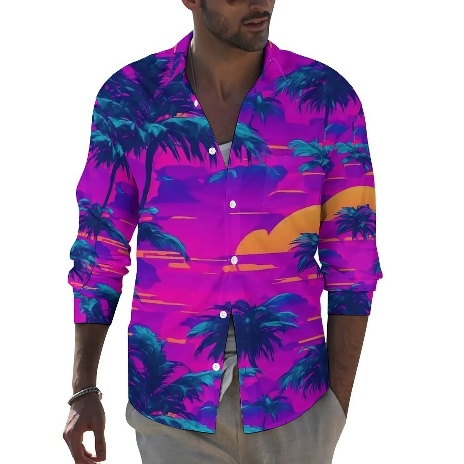 

Palm Trees Shirt Purple Sunset Casual Shirts Long Sleeve Custom Aesthetic Blouses Autumn Novelty Oversized Clothing