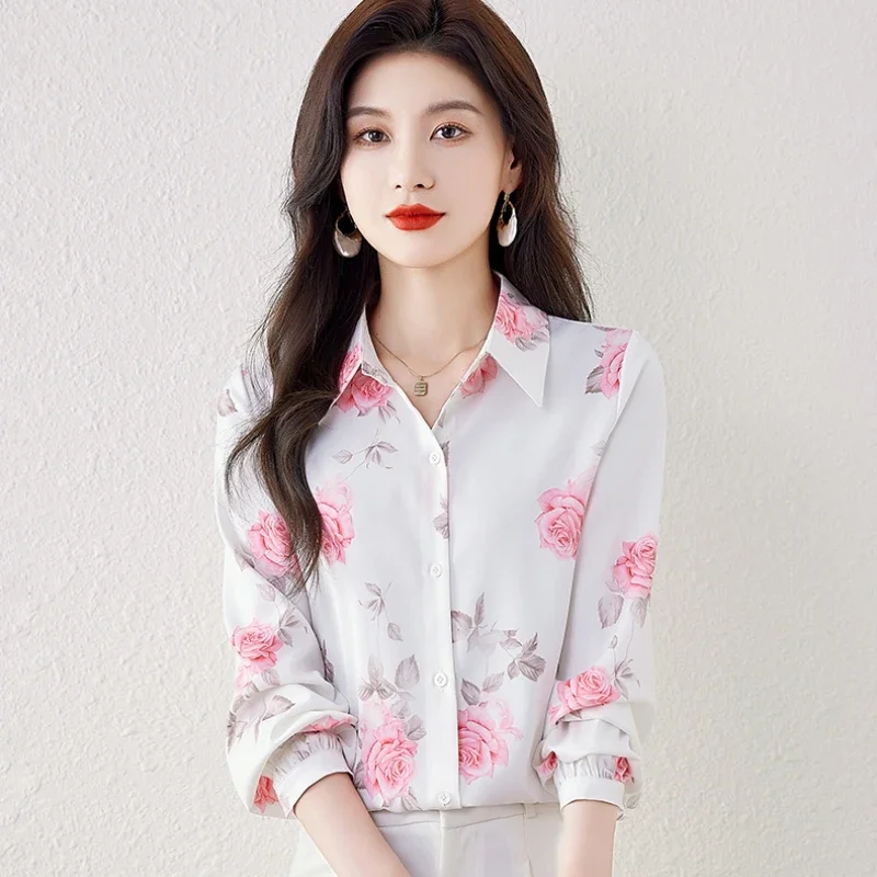 White Floral Shirts for Women Autumn Elegant Turn-down Collar Lantern Sleeve Blouses Womens Tops Fashion Print Slim Blouse Women