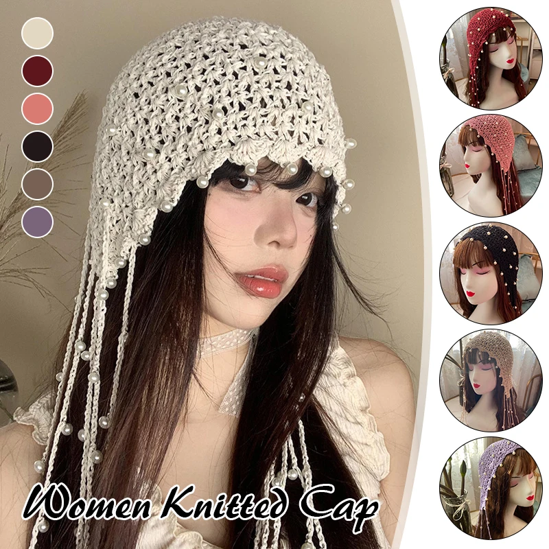 

Women Knitted Cap Korean Tassel Pearl Crochets Hollow Out Hat Ethnic Retro Handmade Ear Protection Beanie Hats Headwear