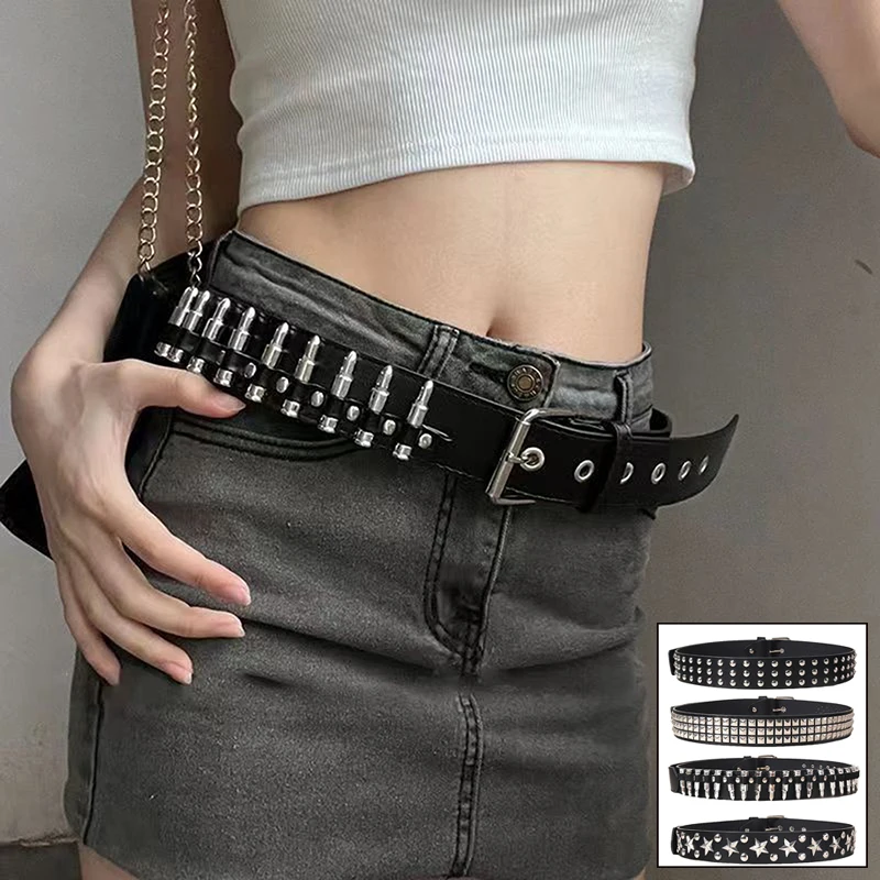 1 Uds. De cuero de moda tachonado gótico Rock salvaje remache ajustable hueco bala decoración cinturón mujeres Punk cinturón negro