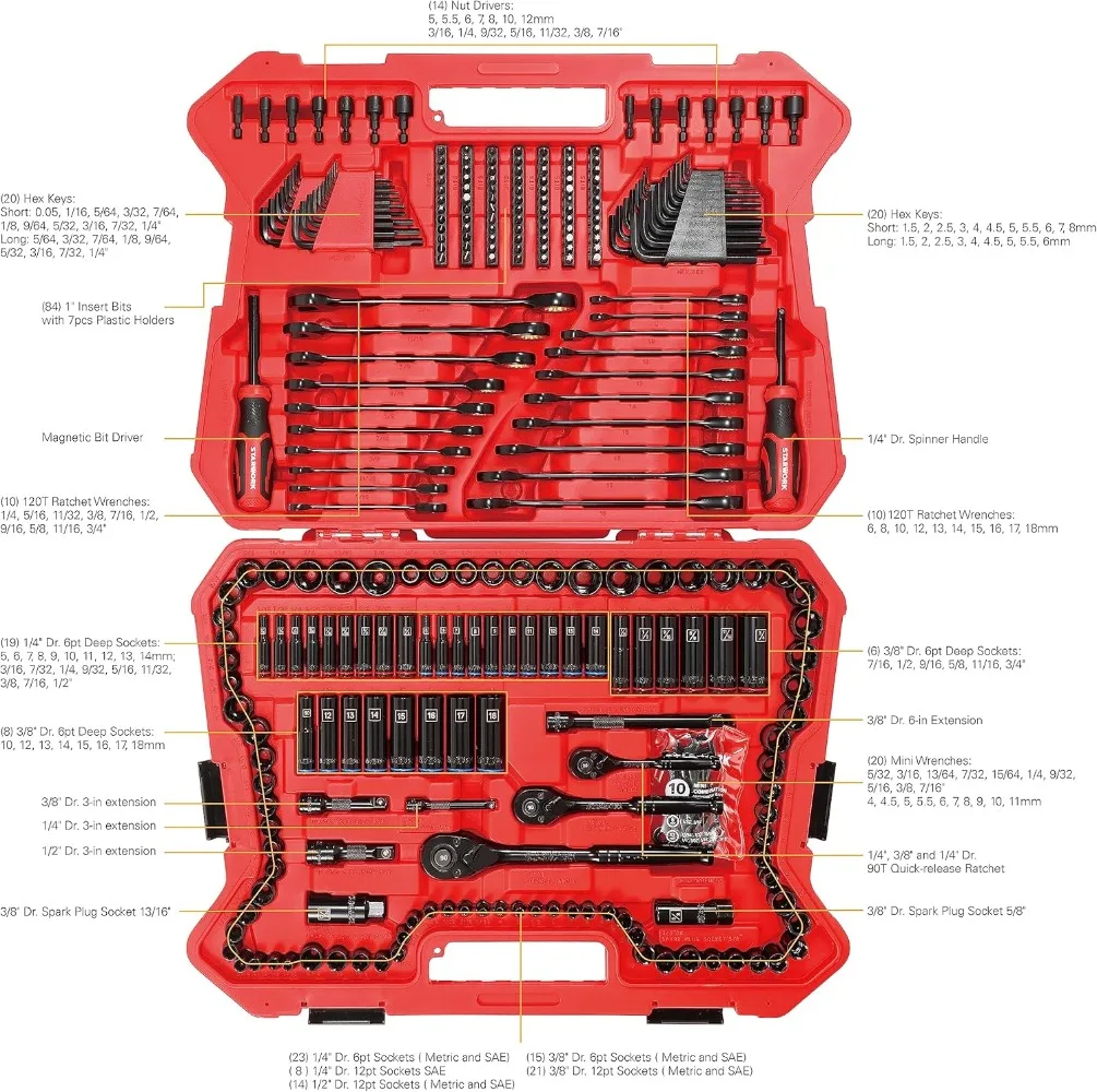 303-Piece Mechanics Tool Set, 120T Ratcheting Wrench, Professional, SAE/Metric