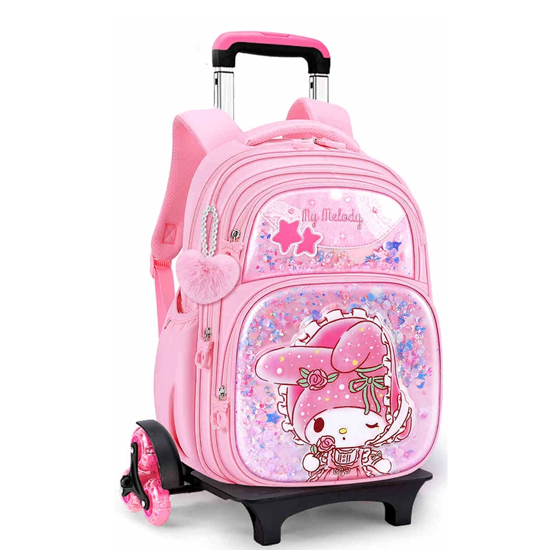 Miniso My Melody Girls Trolley Schoolbag Pupil Cute Wheeled Backpack Elementary Student 6-Wheel School Bag Girl Schoolgirl Gift