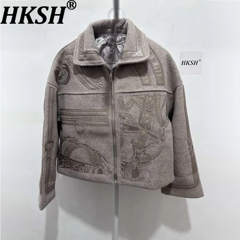 

HKSH Autumn Winter New Men Short Woolen Jacket Heavy Embroidery Patchwork Spliced Zipper Streetwear Trendy Coat Chic Ins HK12891