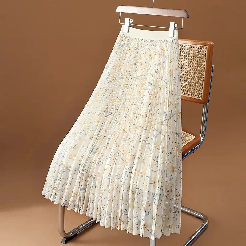 

Broken Floral Pleated Skirt For women's Spring Summer 2024 New High Waisted A-line Skirt Female Printed Yarn Skirt