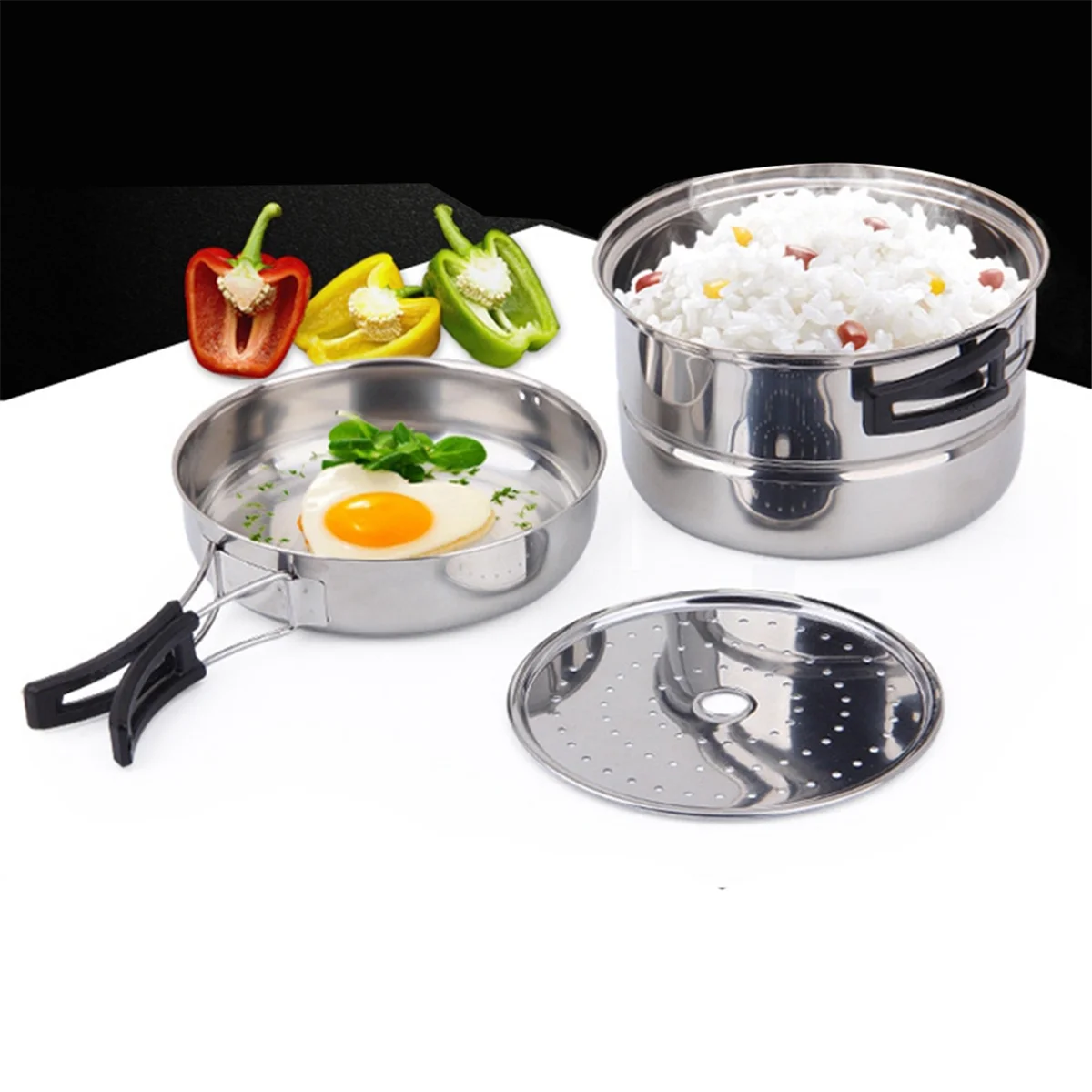 3Pcs Set Outdoor Camping Picnic Pot Stainless Steel Cookware Picnic Pan Set Cooking Tool Set for 2-3 People (Silver)